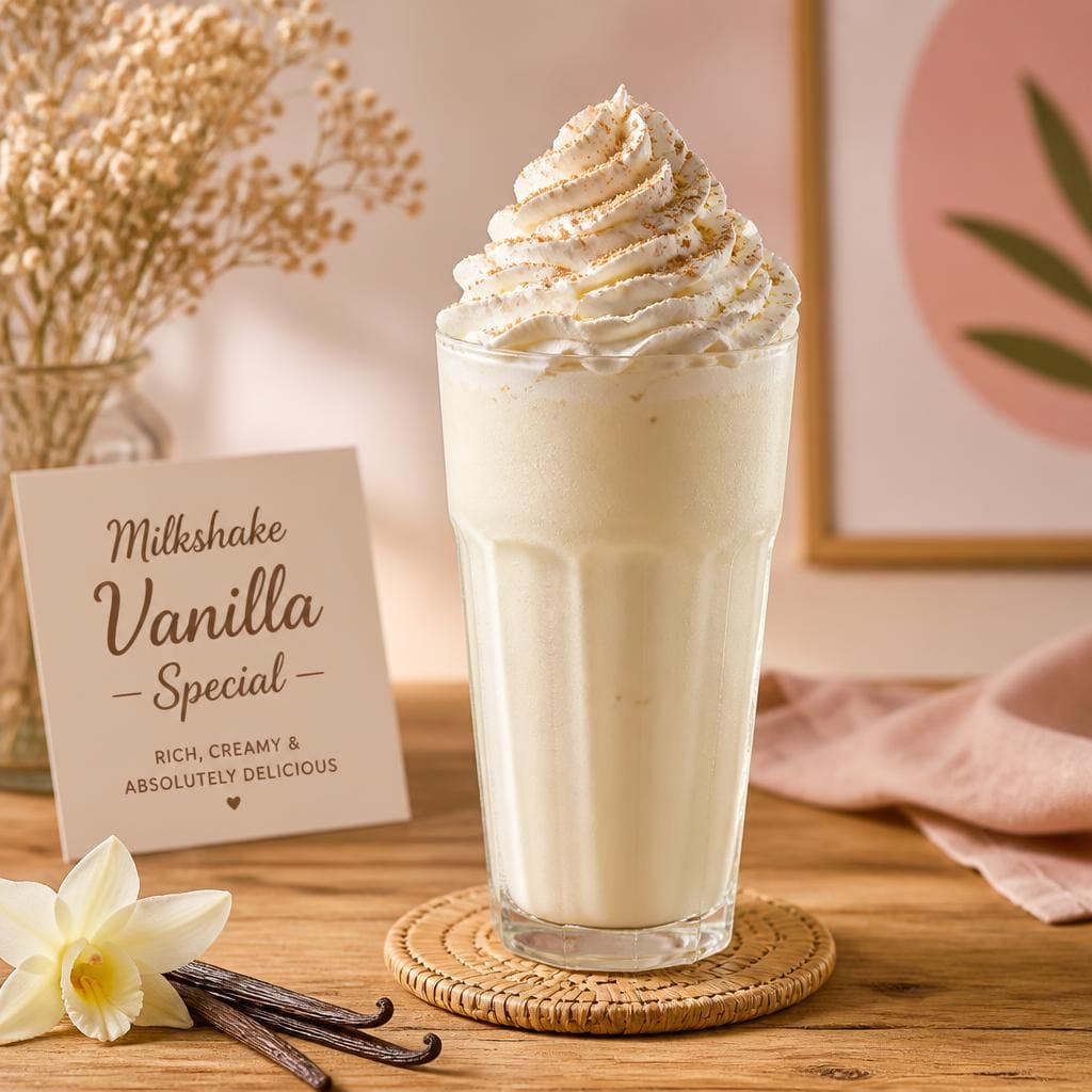 Milkshake Vanilla Special dengan rasa vanilla creamy dan topping es krim